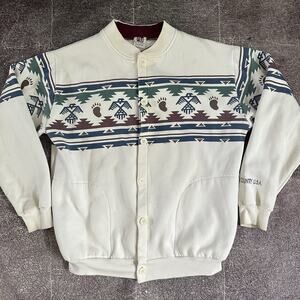Women's Vintage 90's Art Unlimited Tribal Aztec Button Up White Sweatshirt Sz L